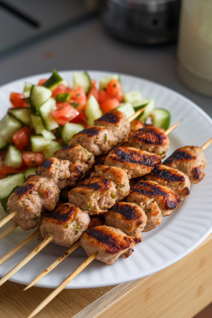 An indoor plate displaying oval grilled turkey kofta skewers alongside a diced cucumber-tomato salad. No text or logos; photography only.