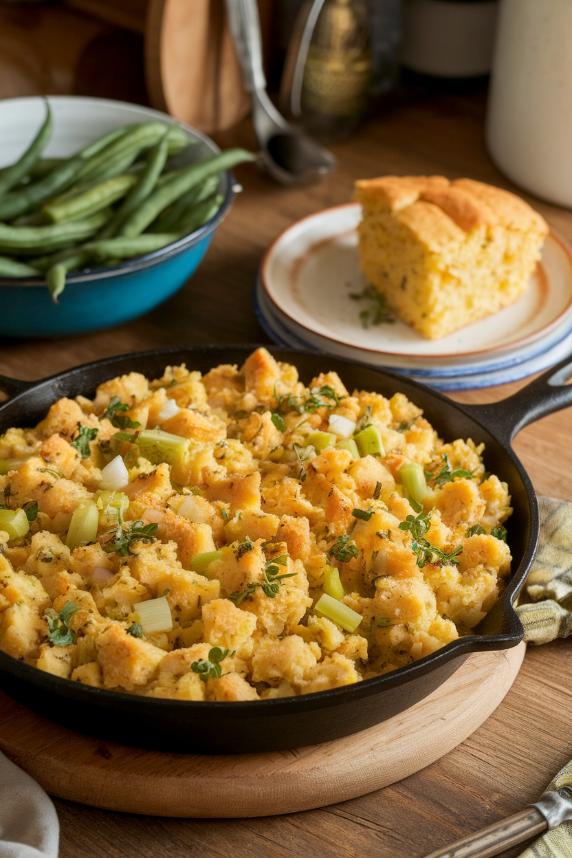 Rustic indoor table showing a cast-iron skillet of golden cornbread dressing speckled with celery, onion, and herbs. Photo, no text or logos.
