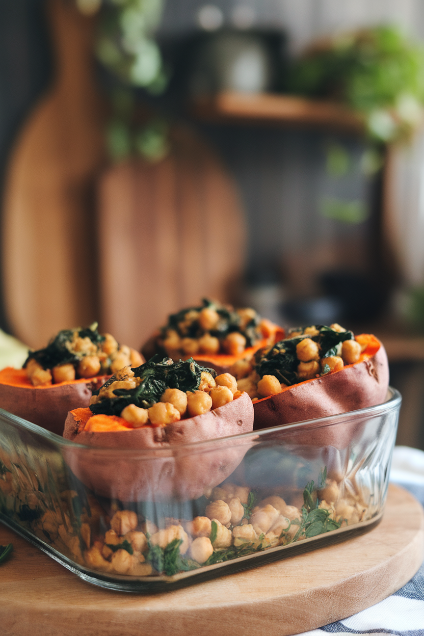 Indoor photo of halved baked sweet potatoes filled with spiced chickpeas and wilted spinach, placed in a glass container. No text or logos.