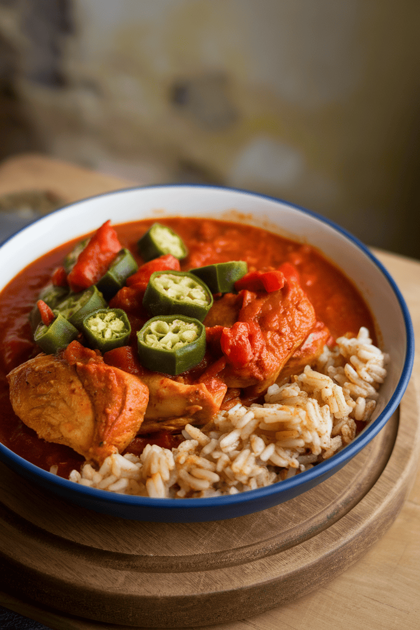 An indoor bowl containing spicy tomato chicken stew with sliced okra and brown rice, no text or logos.