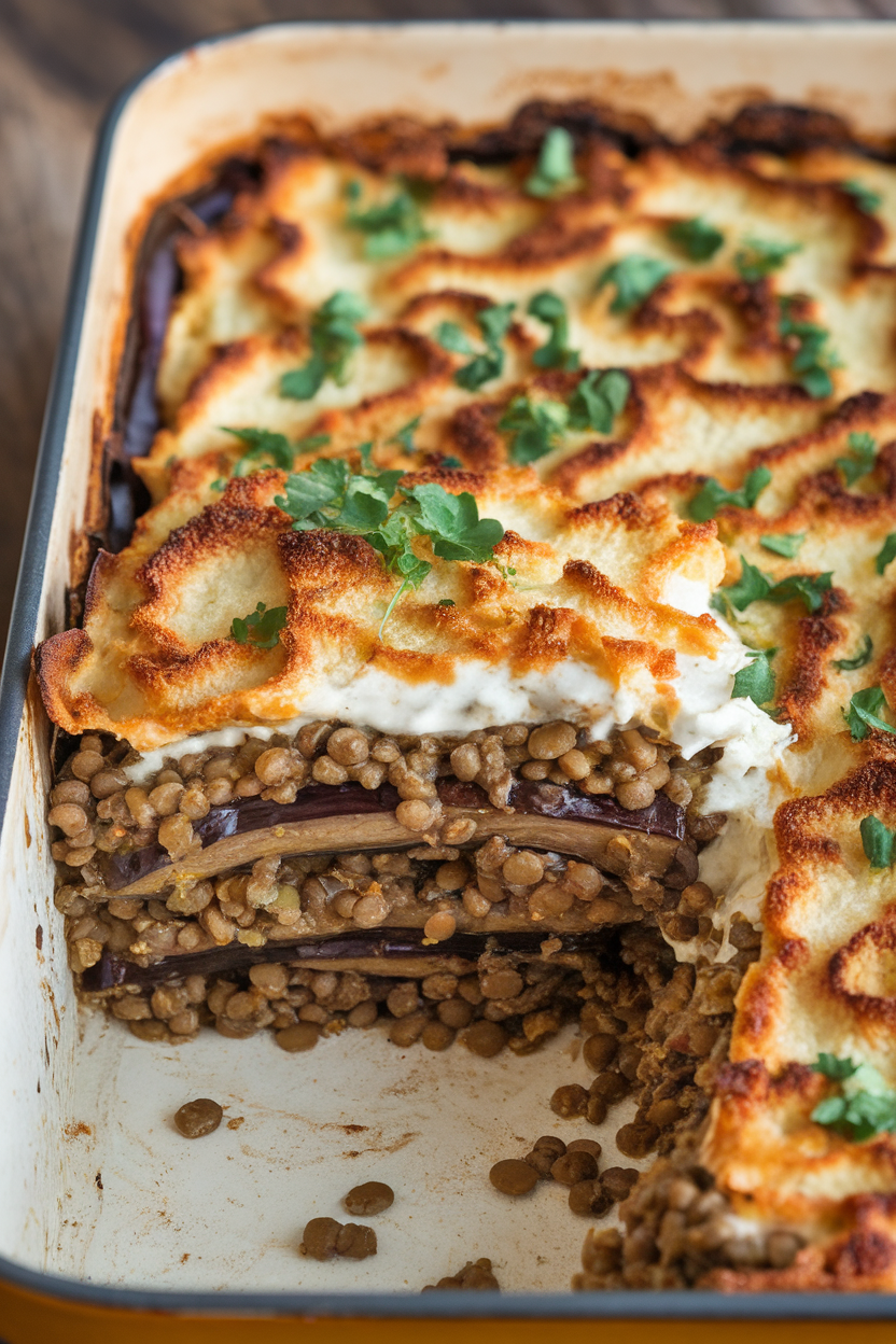An indoor casserole dish of layered baked eggplant, lentils, and béchamel-style yogurt topping, a serving cut out. No text or logos; photography only.