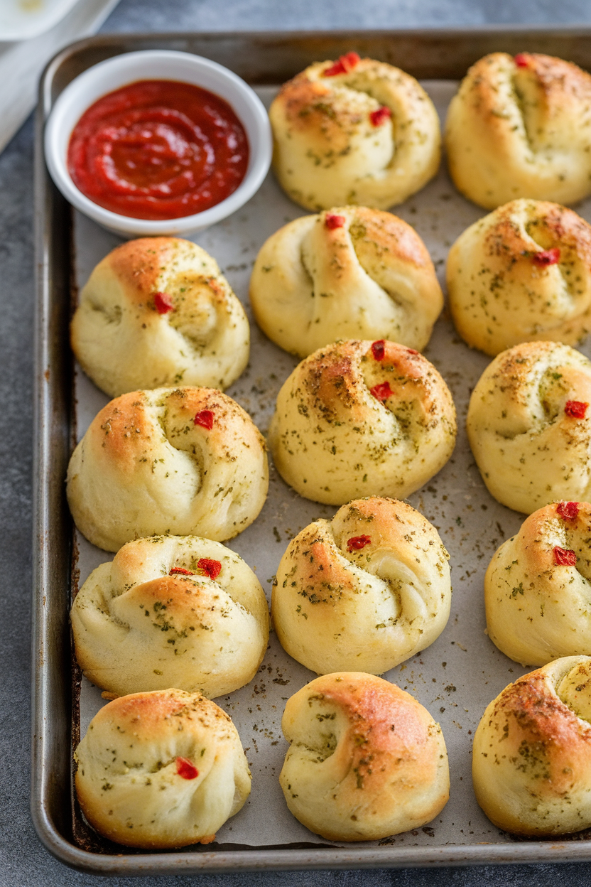 Indoor baking sheet of golden garlic knots brushed with herb butter, small dish of marinara “blood” beside them. No text or logos.