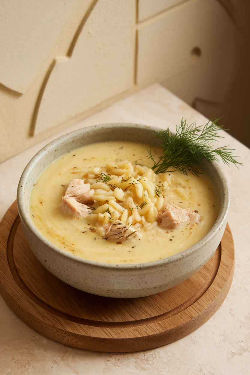 A ceramic bowl on an indoor table of creamy avgolemono soup with orzo, chicken chunks, and dill garnish. No text or logos, photo style.