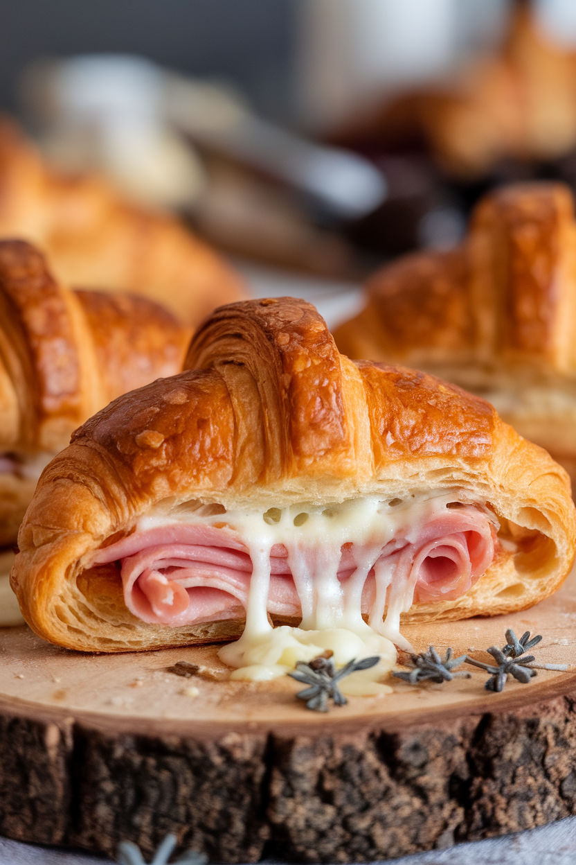 Indoor bakery-style photo of a flaky croissant split and filled with ham and melted Swiss cheese, cheese just stretching. No text or logos.