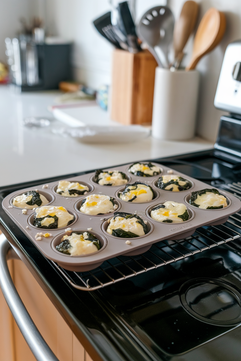 Photo, indoor oven-side counter with a silicone muffin tray filled with cooked egg cups studded with spinach and feta; no text or logos.