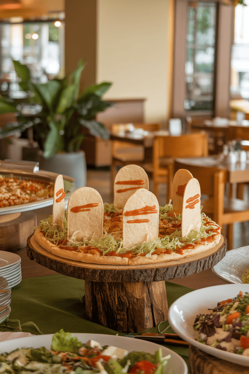 Warm indoor buffet setting of a taco-flavored pizza with upright tortilla “tombstones,” shredded lettuce “grass,” and salsa drizzle. No text or logos.