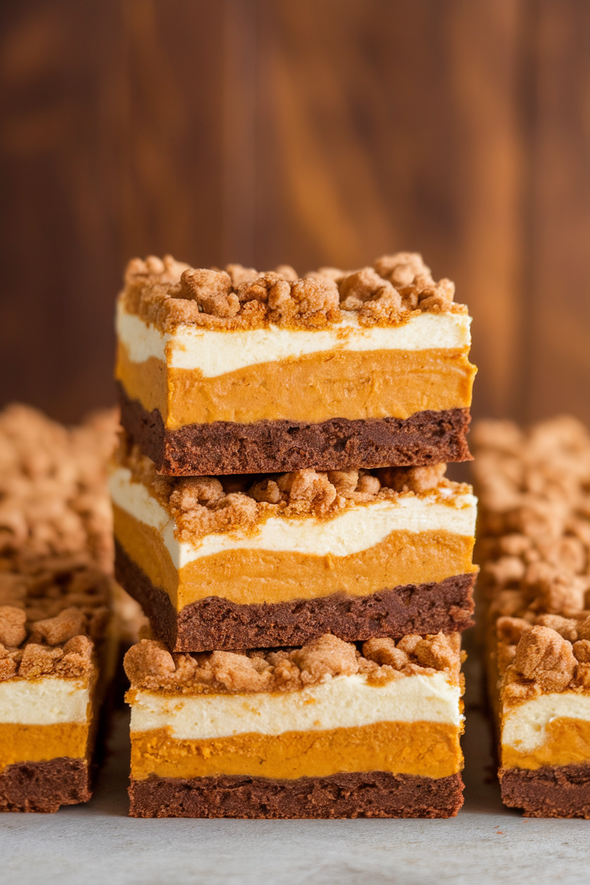 Indoor photo of layered bars featuring brownie base, pumpkin cheesecake middle, topped with graham crumble; no text or logos