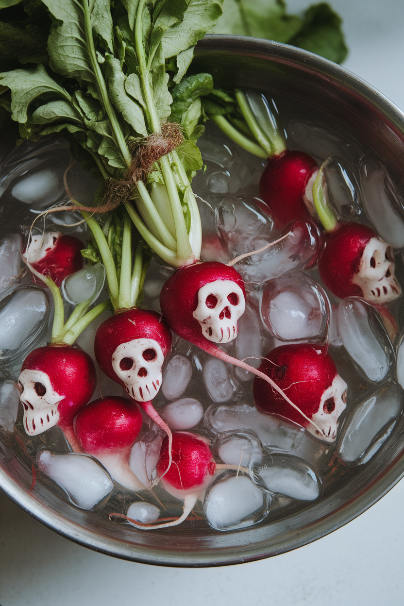 Photo of radishes carved with little skull faces, soaking in ice water to bloom, indoor bowl. No text or logos.
