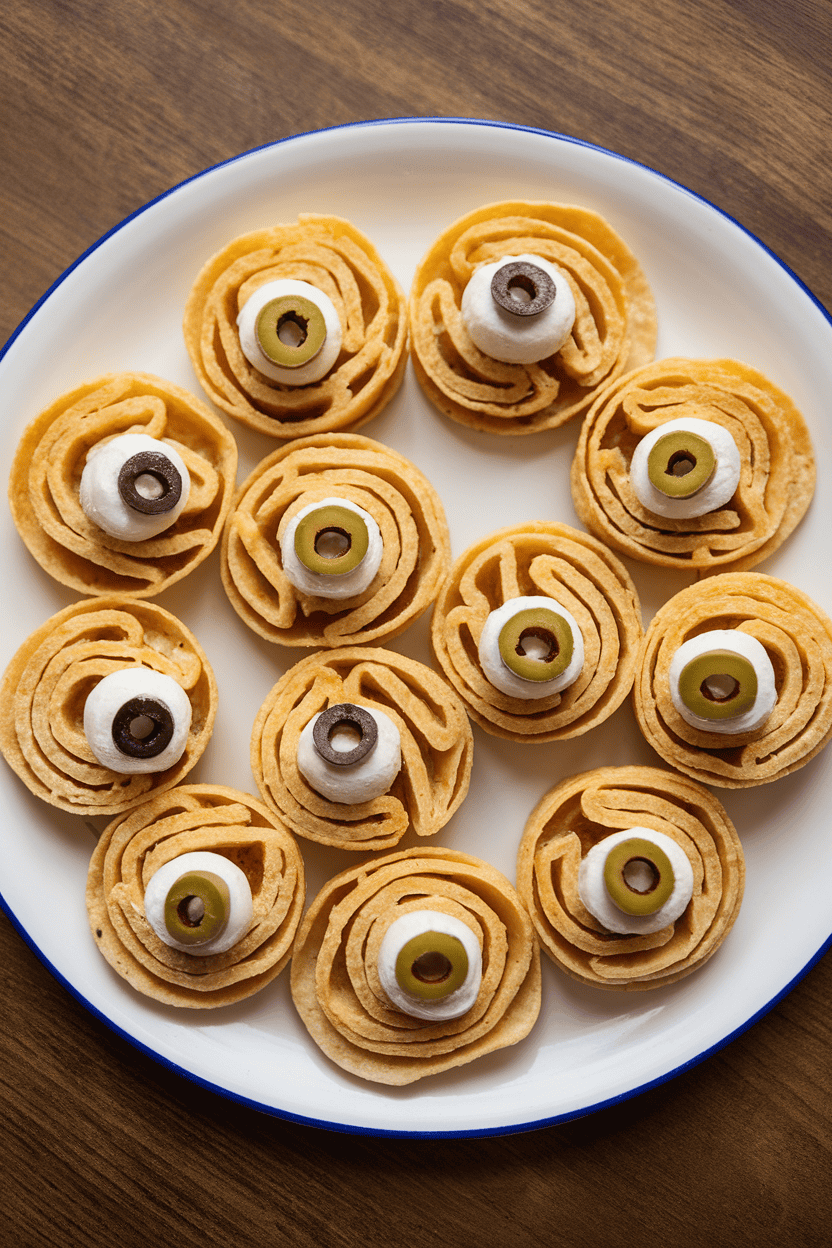 Indoor photo of tortilla pinwheels with a mozzarella pearl and olive slice center, giving an eyeball look when cut, arranged on a white platter. No text or logos.