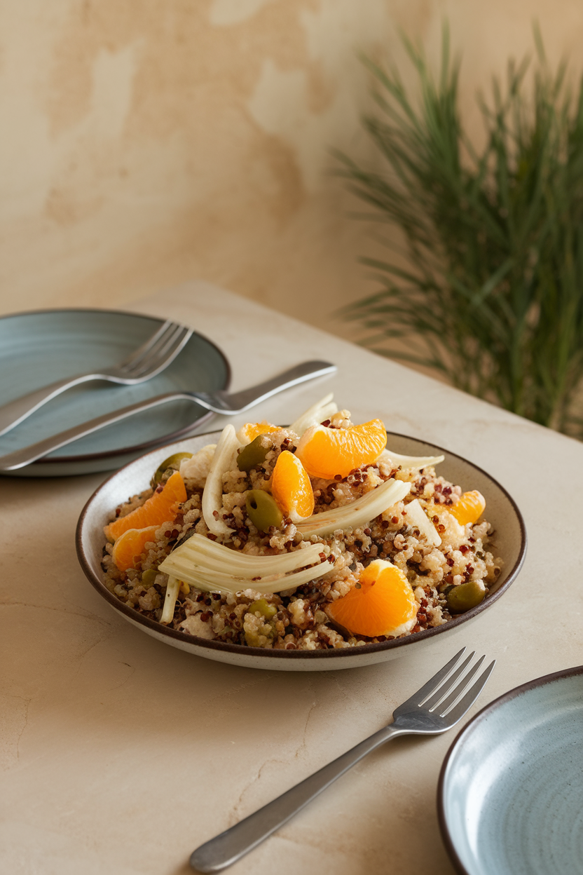 Indoor dining table featuring quinoa mixed with orange segments, thin fennel slices, and green olives; no logos or text.