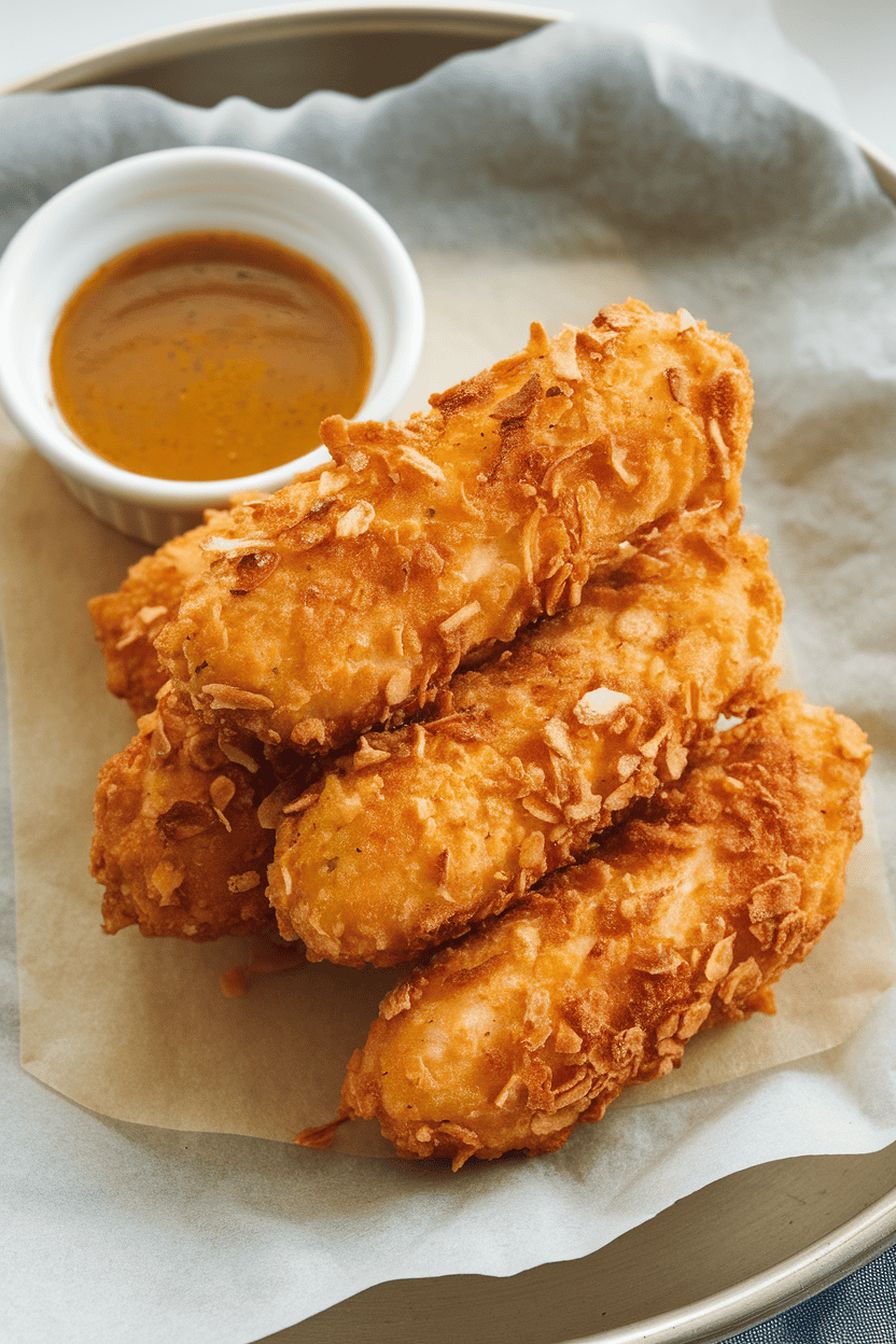 Indoor photo of chicken tenders coated in coconut flakes, stacked on a parchment-lined plate with a small sauce bowl. No logos.