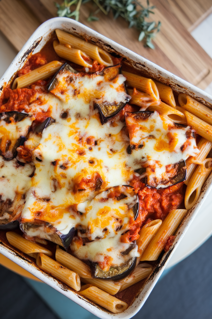 Indoor photo of a square baking dish filled with baked penne, roasted eggplant cubes, and melted cheese, photographed slightly overhead. No text or logos.