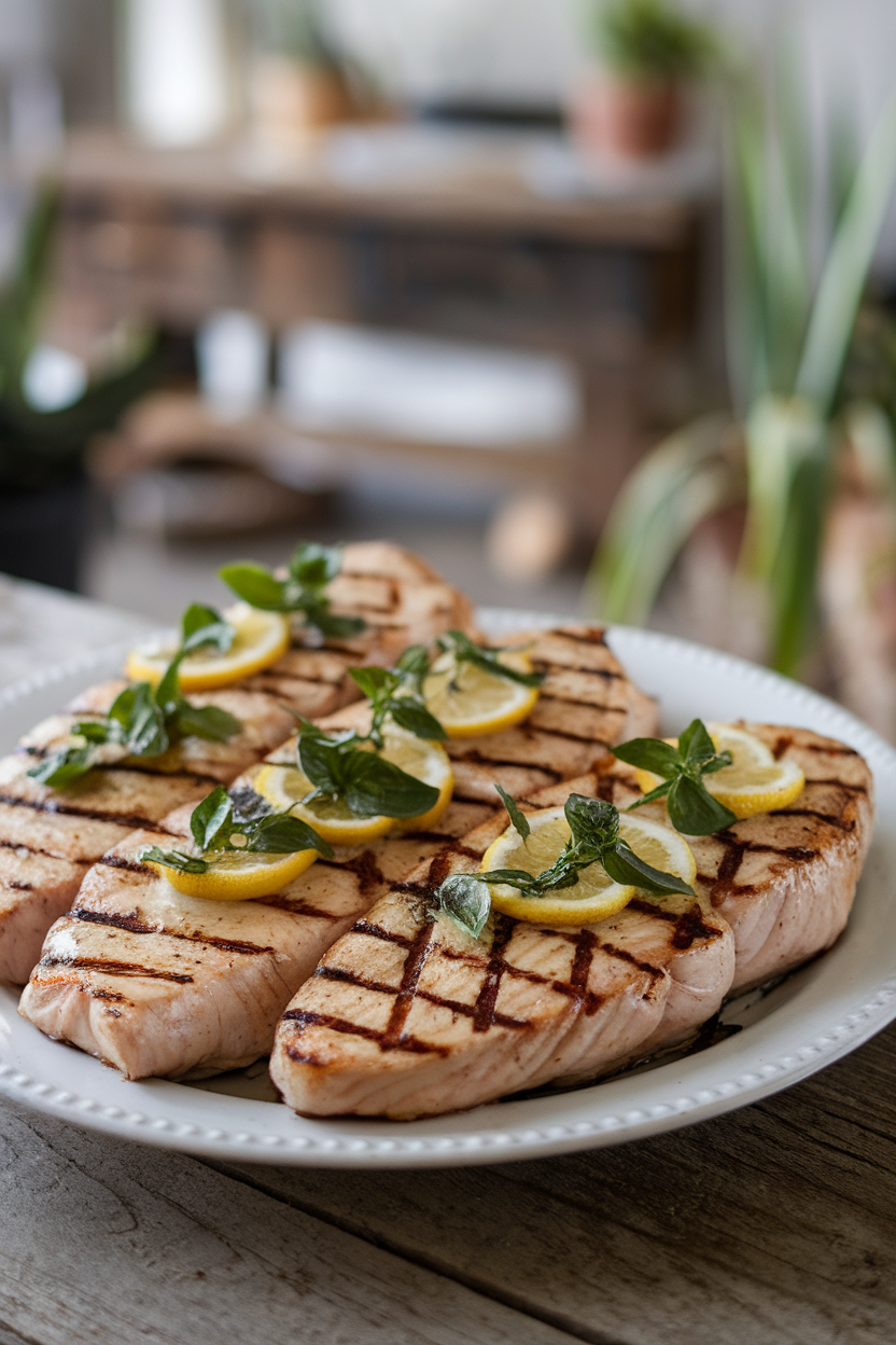 A white platter indoors with thick swordfish steaks bearing grill marks, topped with lemon-basil vinaigrette. No logos or text.