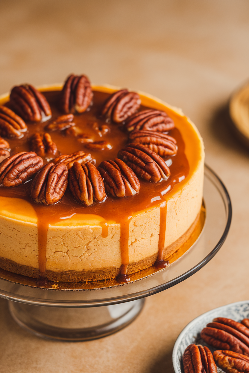 Indoor photo of a creamy orange-tinted cheesecake topped with pecan praline sauce, resting on a cake stand. No text or logos.