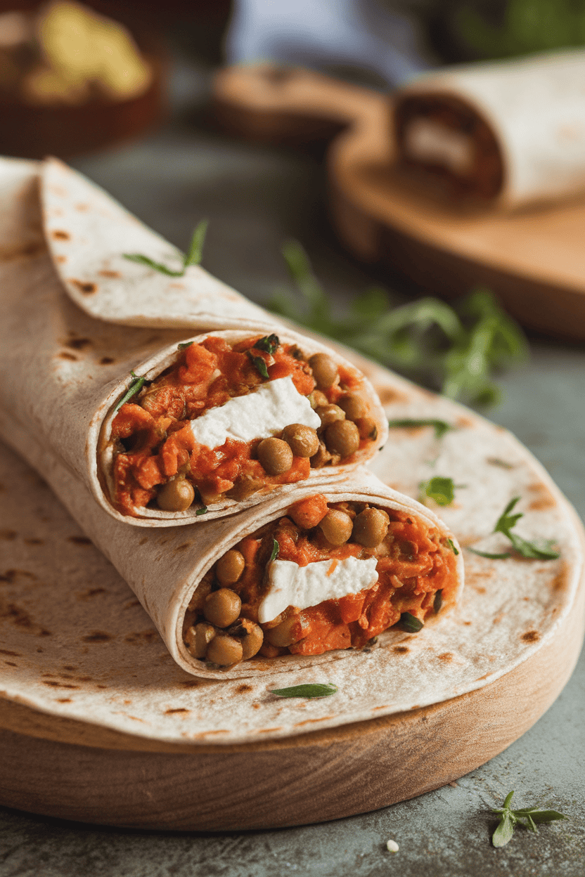 Indoor photo of a whole-wheat wrap rolled with spicy feta, lentils, and tomato mixture, cut on the bias. No logos present.