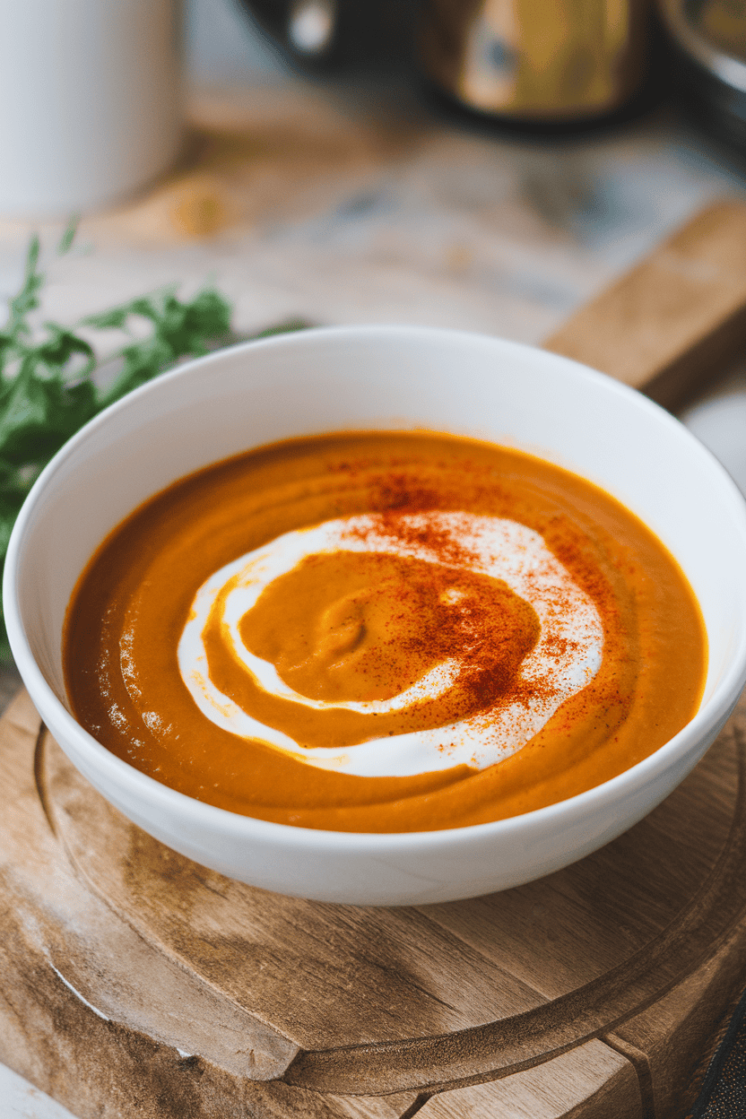 Indoor photo of velvety orange soup in a white bowl, swirl of yogurt and sprinkle of paprika on top, no text or logos.