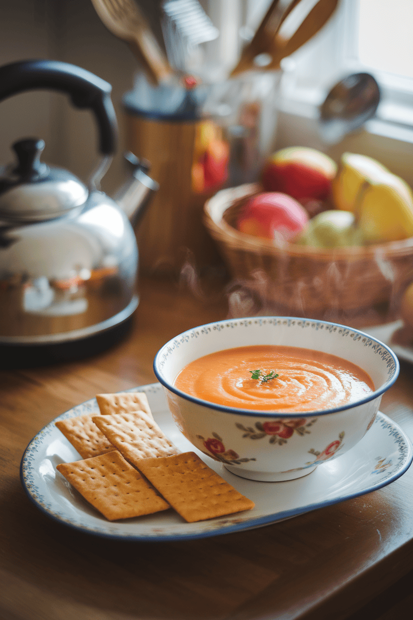 A photo of an indoor kitchen table with a bowl of smooth orange carrot soup, steam gently rising, and a small plate of plain crackers on the side. No text or logos in view.