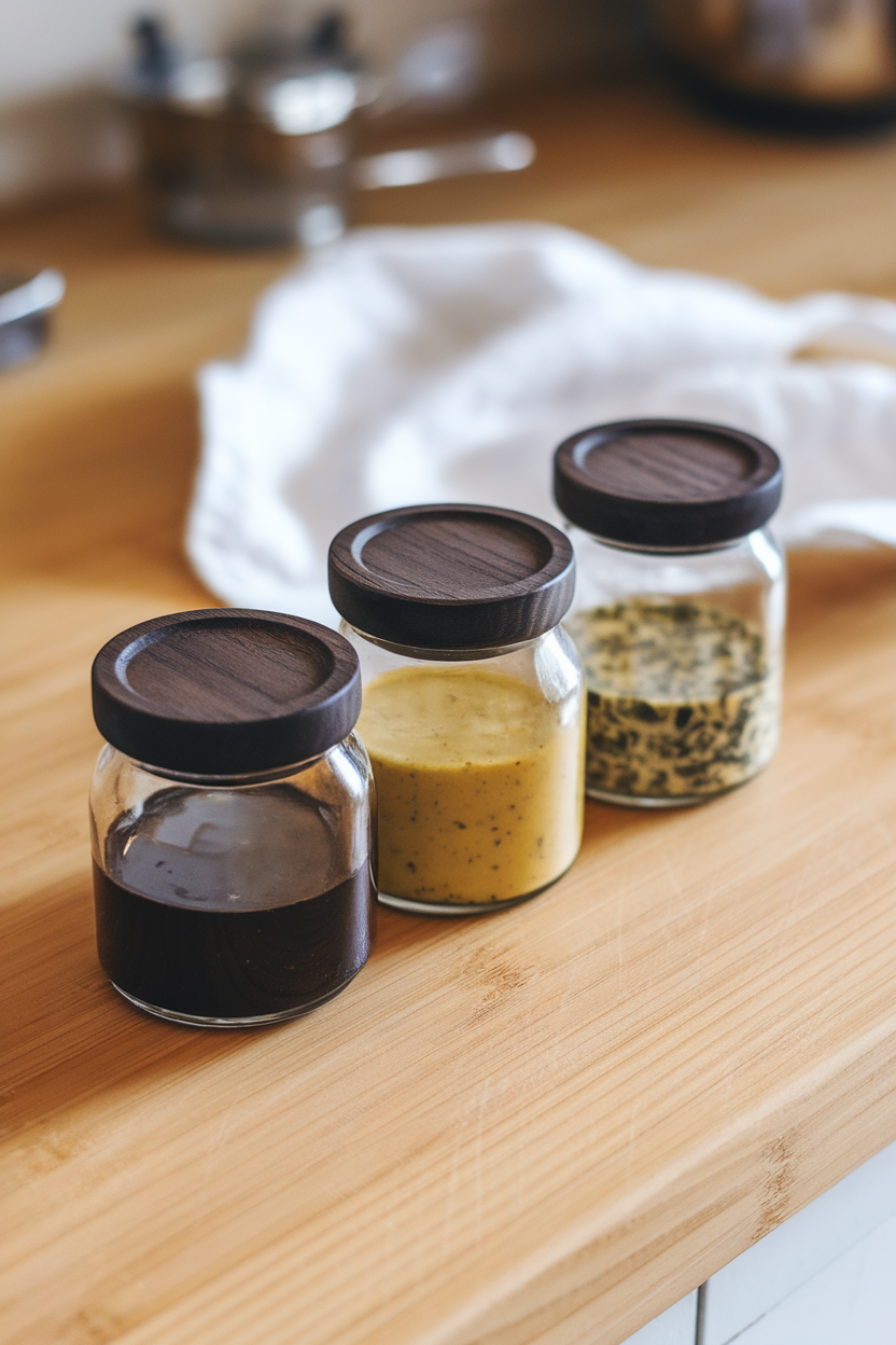 Indoor photo of three small glass jars containing balsamic, mustard, and herb vinaigrettes on a countertop; no text or logos