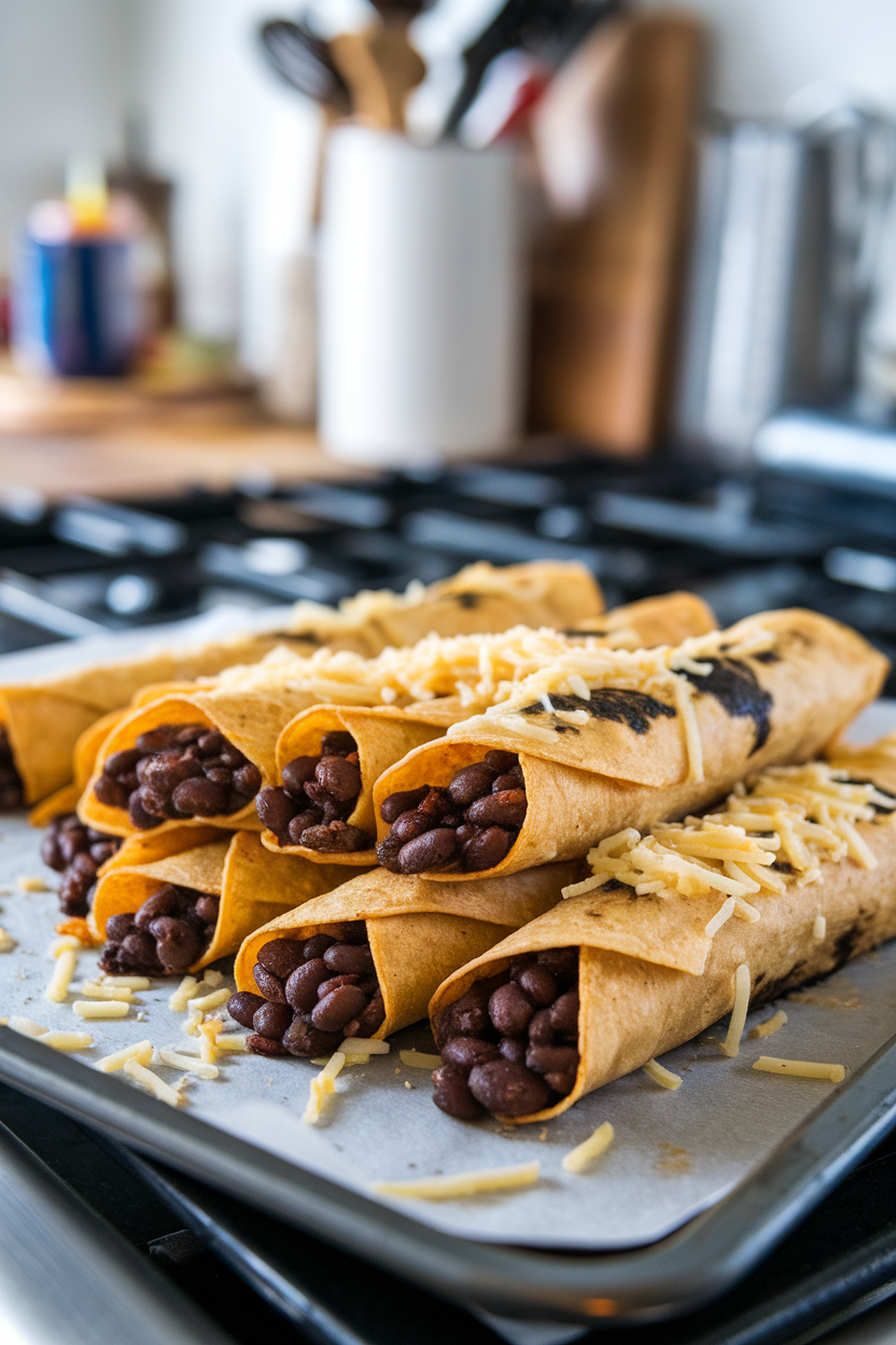 Indoor oven tray of baked corn tortilla taquitos filled with black beans, outer shells brushed with charcoal-tinted oil. Photo, no text or logos.
