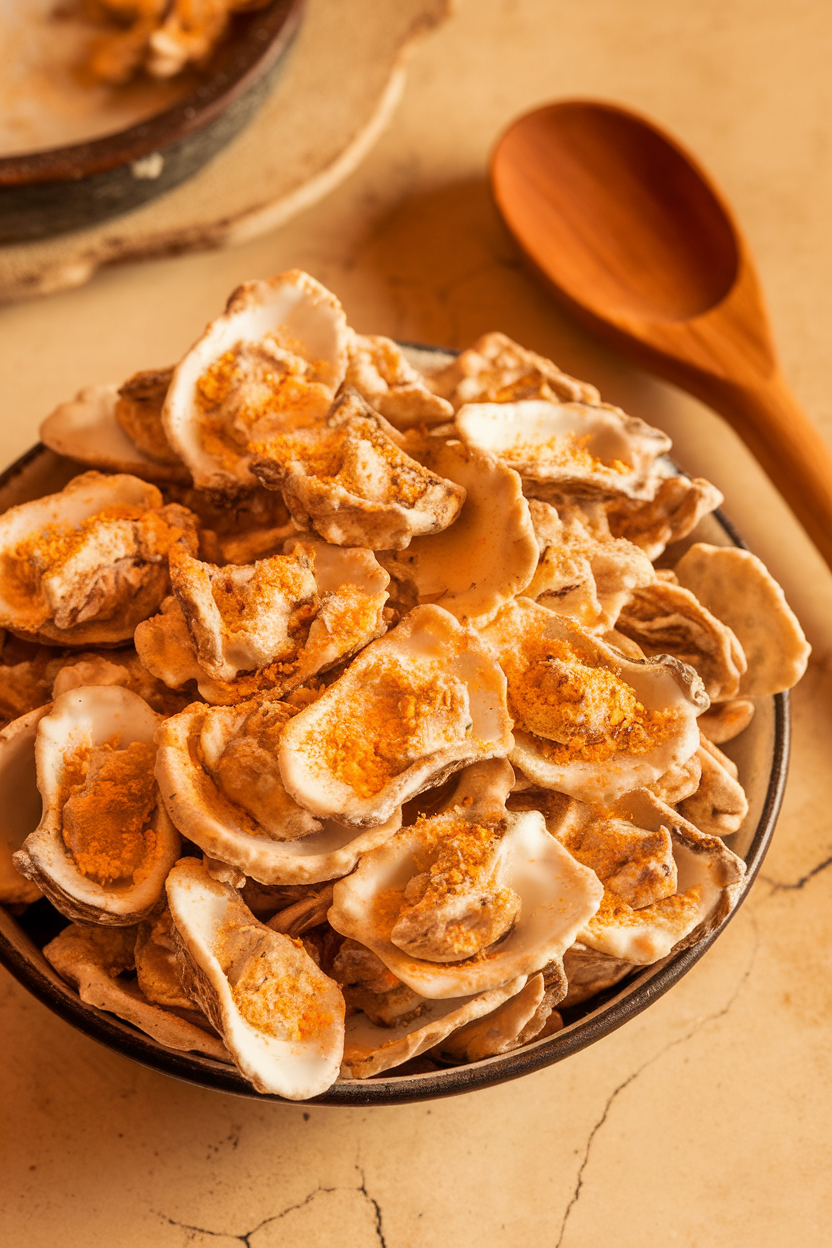 Photo of bowl overflowing with seasoned oyster crackers dusted in ranch mix and white cheddar powder, indoor shot. No text or logos.