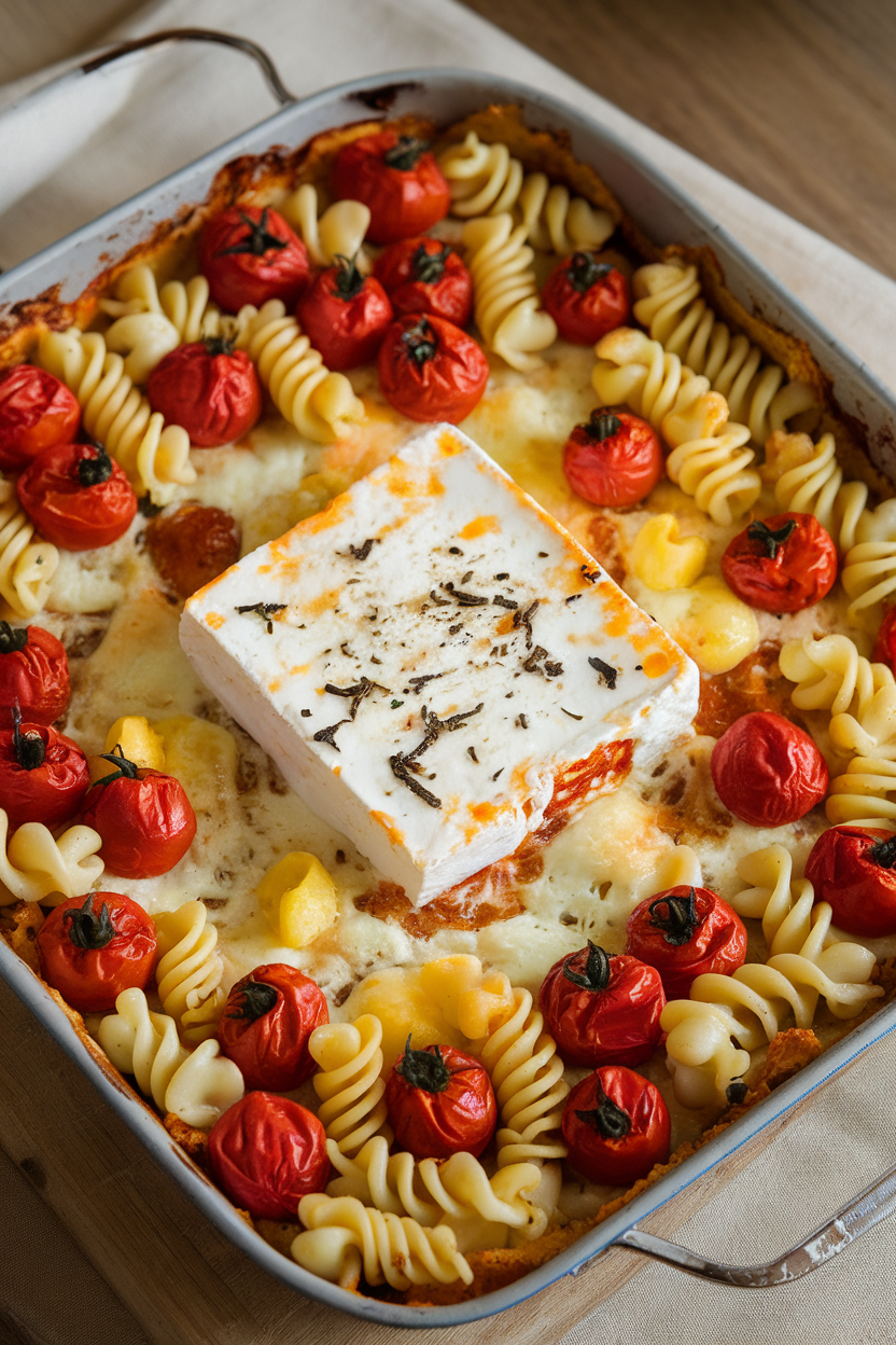 Indoor photo of a casserole dish with melted feta in the center, surrounded by roasted cherry tomatoes and twirls of cooked pasta tossed in. No text or logos present.
