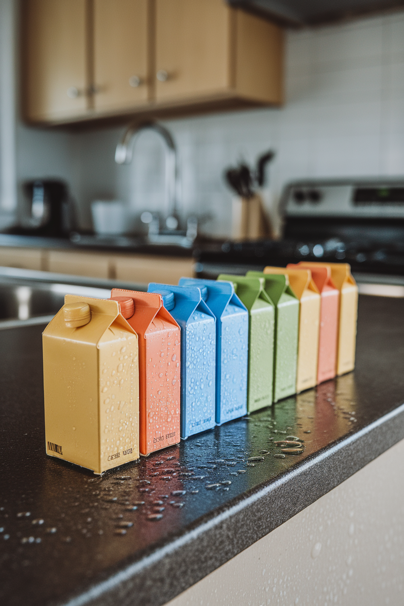 An indoor line-up of tiny juice boxes in plain colors on a kitchen island, condensation beads visible, no logos or text.