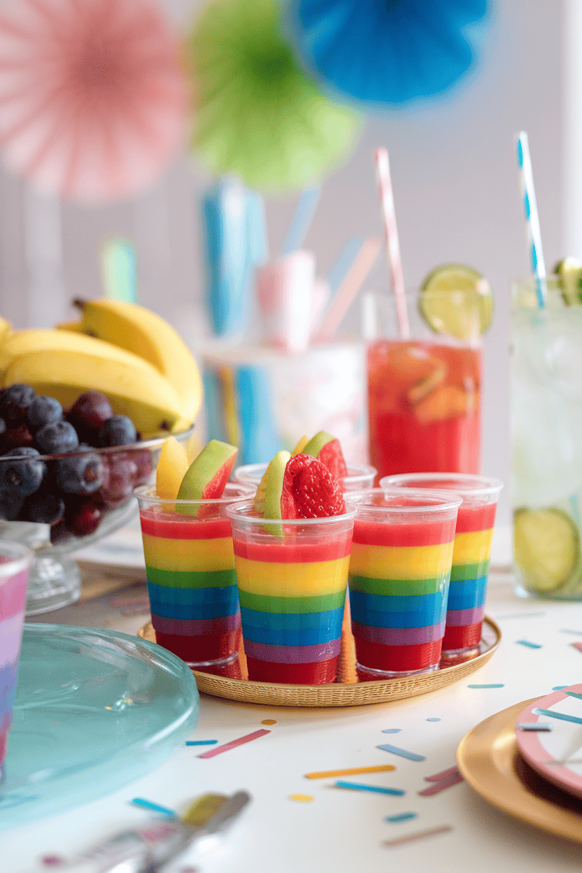 Indoor party table featuring rainbow-layered tropical punch jello shots, each color stripe distinct, no text or logos visible