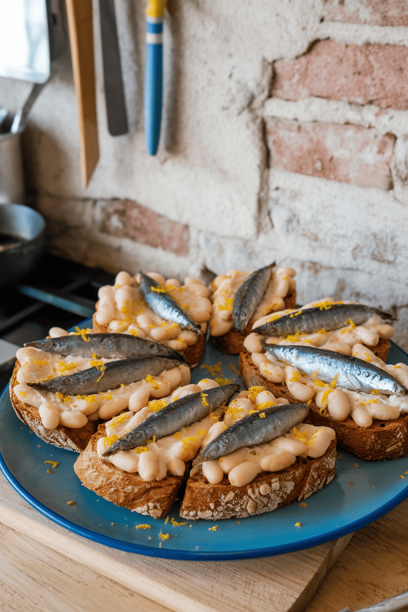 Photo of an indoor breakfast bar featuring toasted whole-grain bread topped with mashed white beans and cooked sardine fillets, lemon zest sprinkled over; no text or logos anywhere.