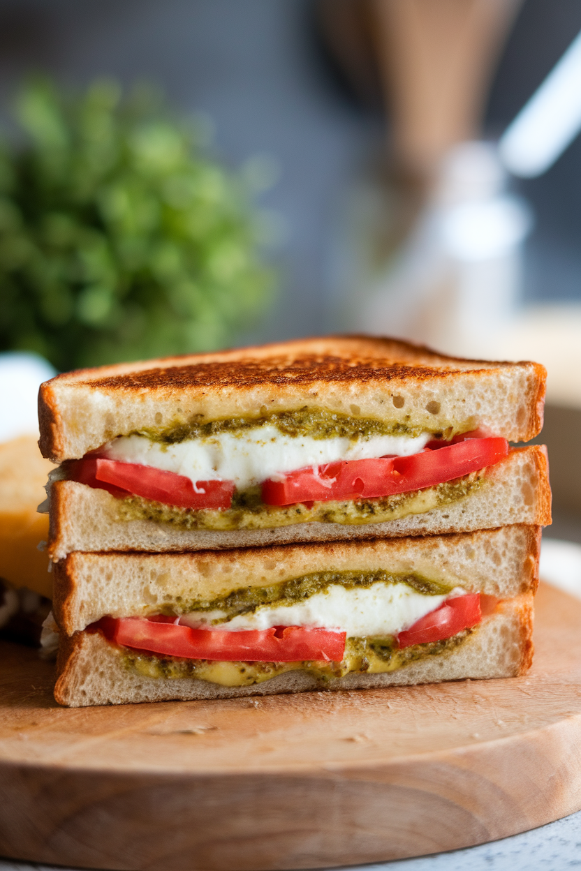Photo of a halved grilled cheese sandwich oozing mozzarella and pesto, tomato slices visible, on an indoor wooden board. No text or logos.