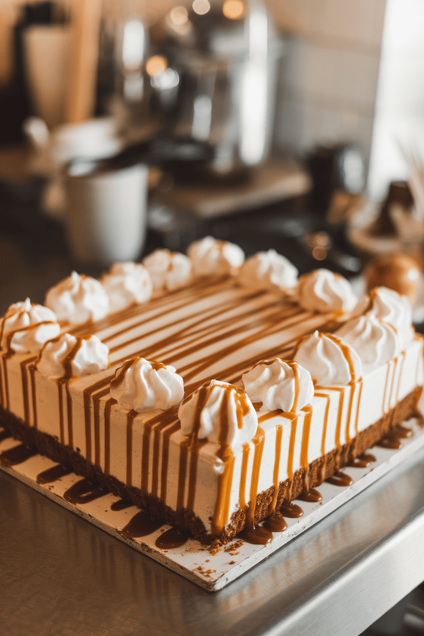 An indoor coffee-shop-style counter with a sheet cake pierced and soaked with caramel espresso sauce, whipped topping swirls, caramel drizzle over. No text or logos. Photo.