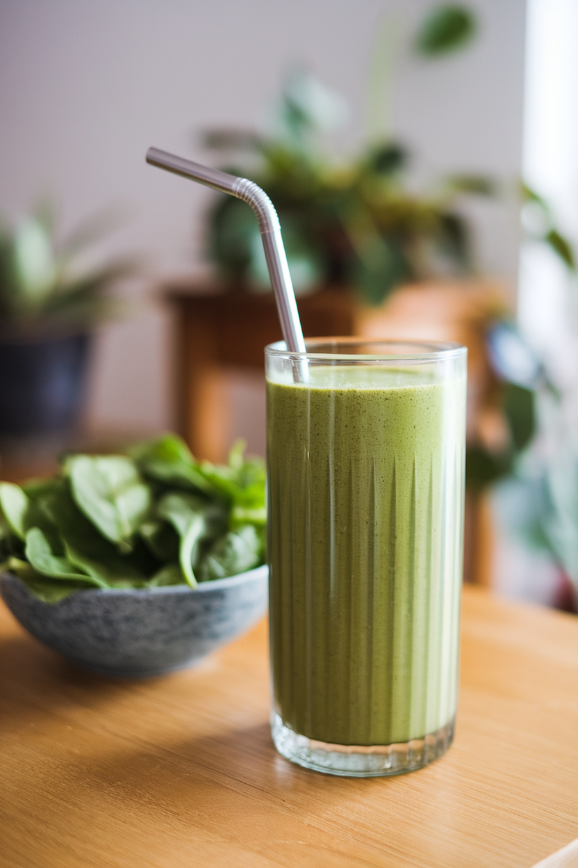 A tall indoor glass of bright green matcha smoothie with a metal straw, spinach leaves nearby, no text or logos.