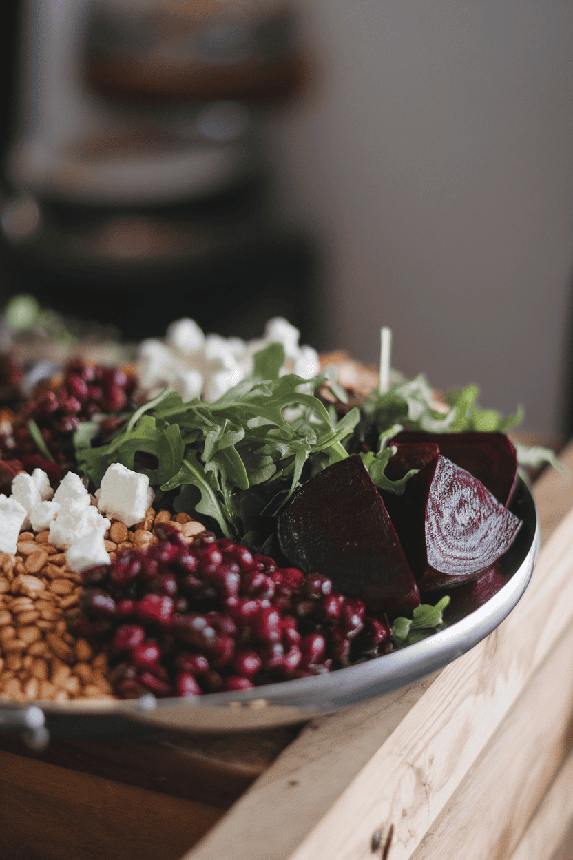 Indoor photo of a platter featuring spelt berries, roasted beet wedges, arugula, and goat cheese crumbles, no text or logos.