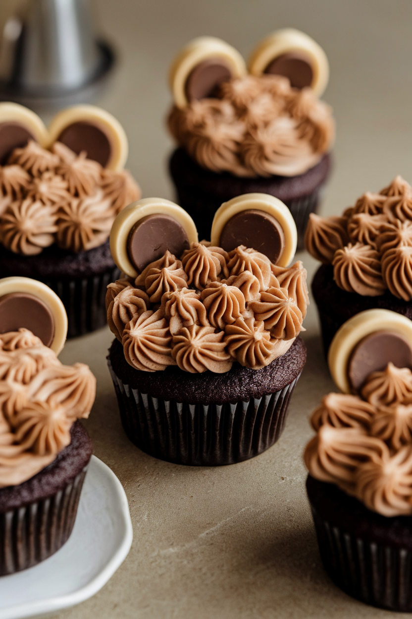 Indoor tabletop with chocolate-peanut butter cupcakes sporting shaggy piped frosting “fur” and mini peanut butter cup ears, no text or logos.