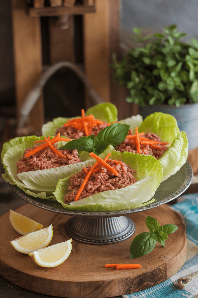 An indoor serving platter holding iceberg lettuce leaves filled with ground turkey, Thai basil, and carrot matchsticks—no logos in view. Photo only.