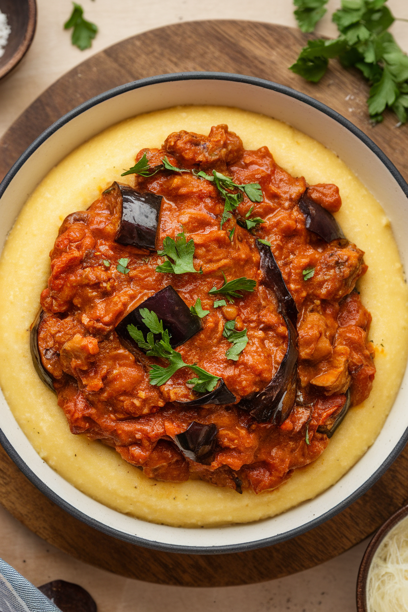 An indoor bowl of creamy polenta topped with a rich tomato-lamb and eggplant ragù, garnished with parsley. No logos present; photography only.