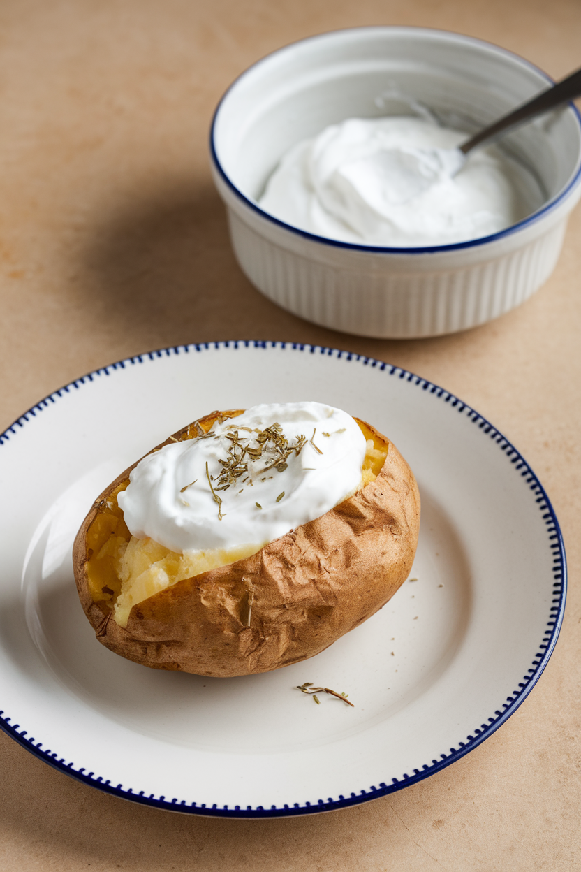 Indoor photo of a bowl of plain Greek yogurt next to baked potatoes and a spoonful ready to top; no text or logos