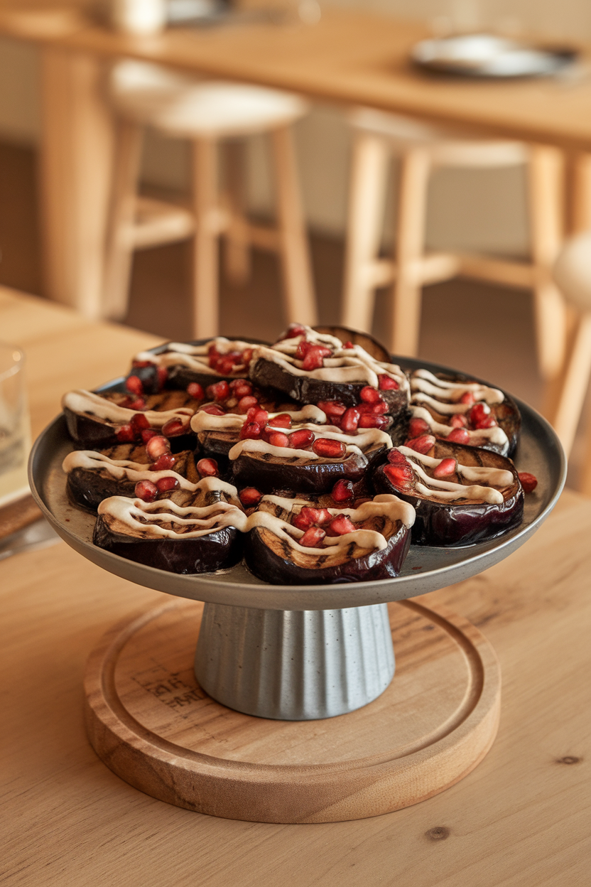 An indoor serving platter with smokey grilled eggplant rounds drizzled with creamy tahini sauce and sprinkled with pomegranate seeds; warm dining room light, no text or logos.