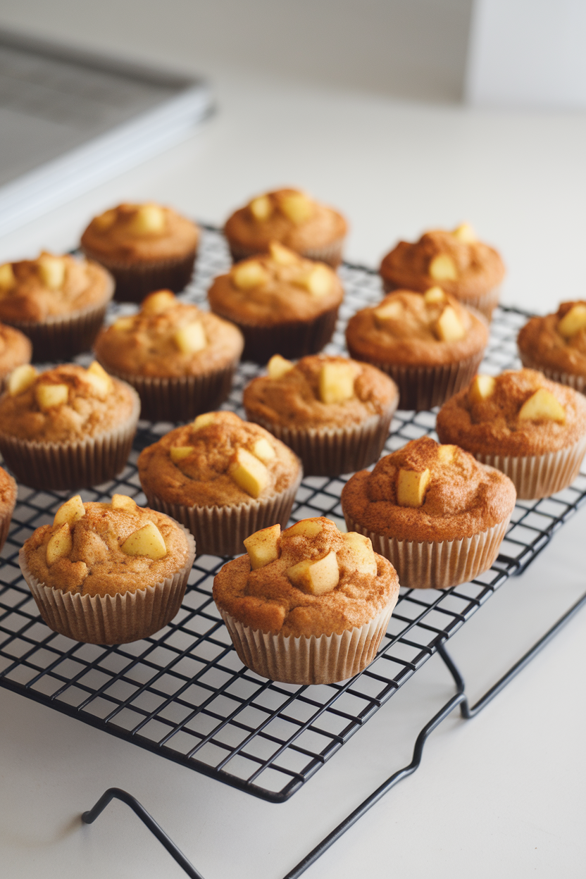 An indoor wire cooling rack filled with golden muffins, small apple chunks peeking from the tops, cinnamon dust visible on the crust. No text or logos.