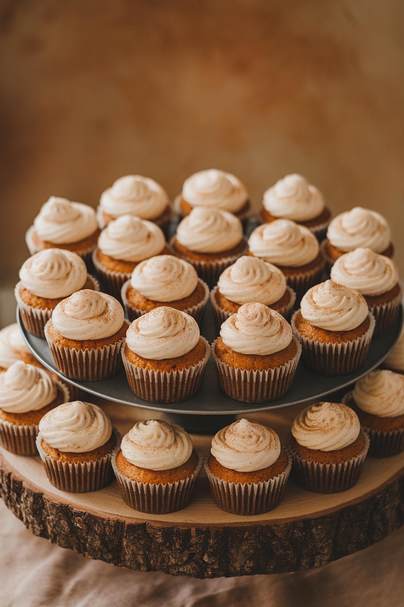 Indoor bakery-style display of pumpkin cupcakes crowned with cream cheese frosting and light cinnamon dusting. No text or logos.