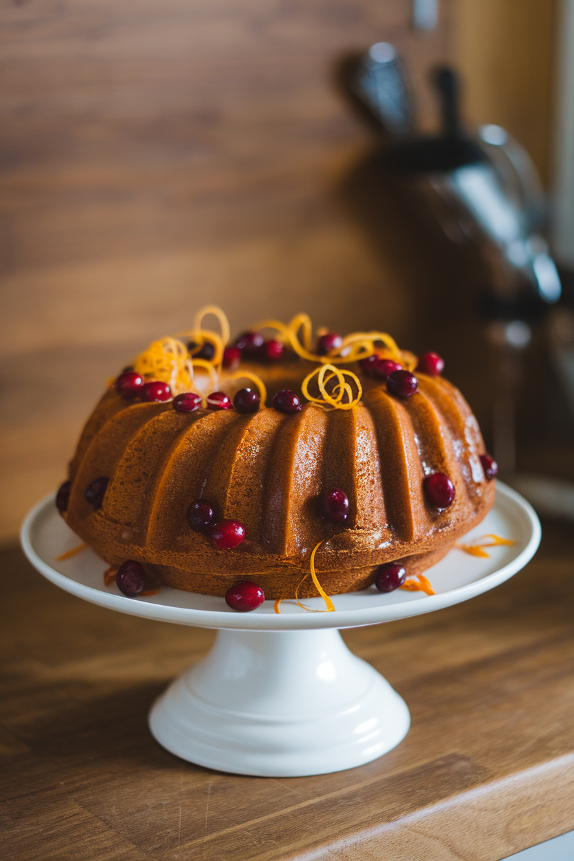 Indoor cake pedestal holding a glazed bundt cake studded with cranberries, orange zest curls sprinkled on top. No text or logos.
