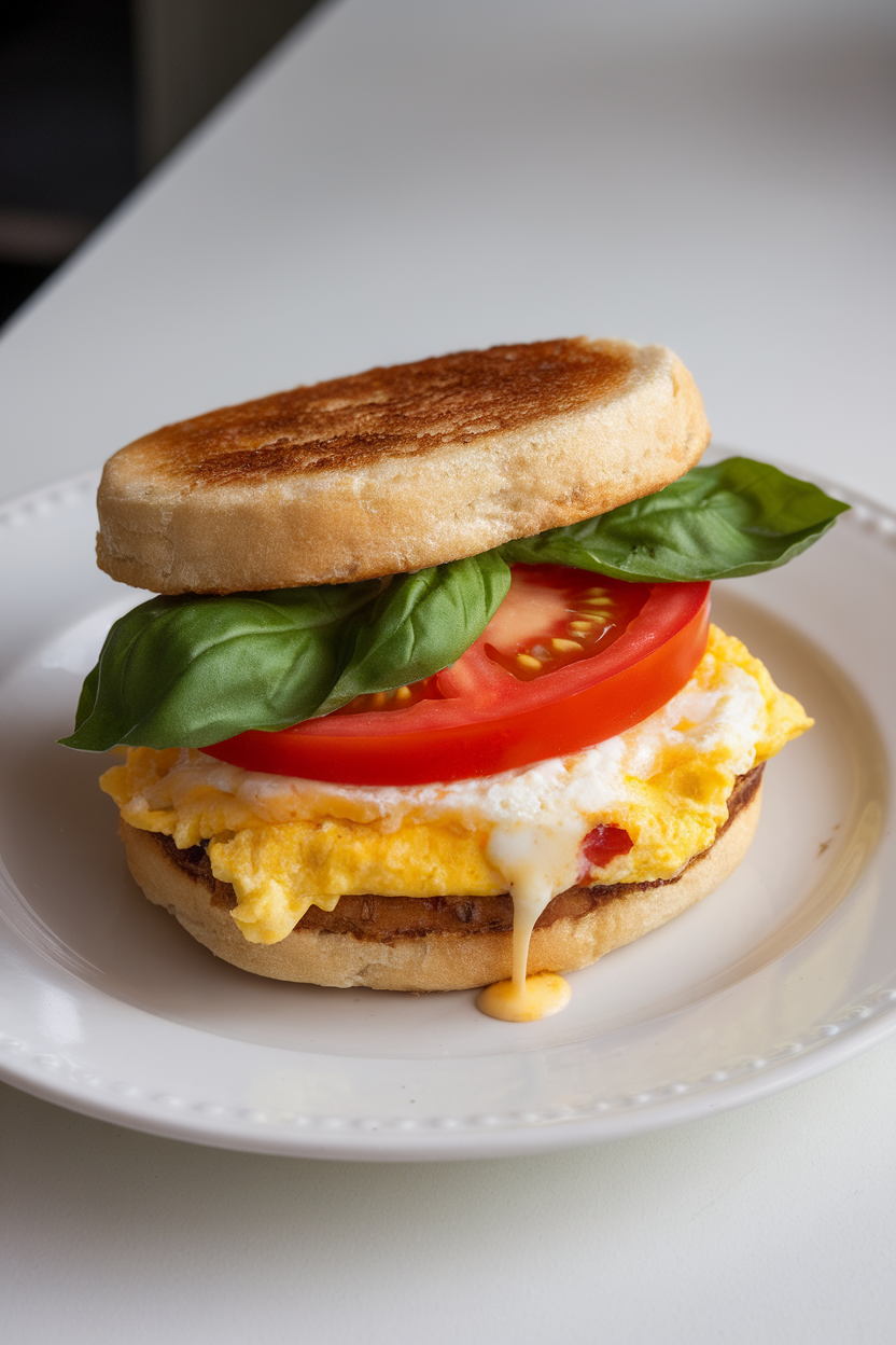 Indoor plate with a toasted English muffin sandwiching scrambled egg, tomato slice, fresh basil, and provolone cheese. No text or logos.