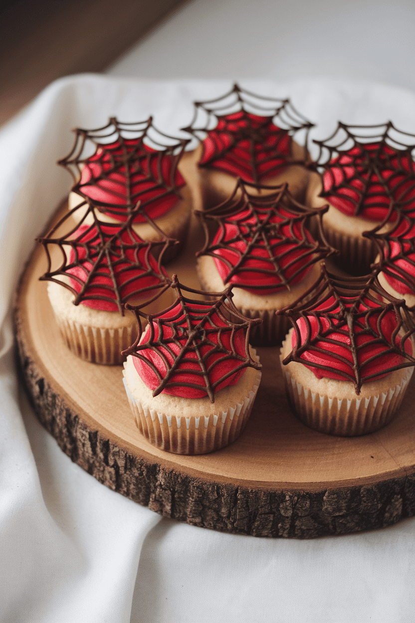 Indoor photo of vanilla cupcakes iced in bright red raspberry frosting with thin dark chocolate webs piped across the top; no text or logos