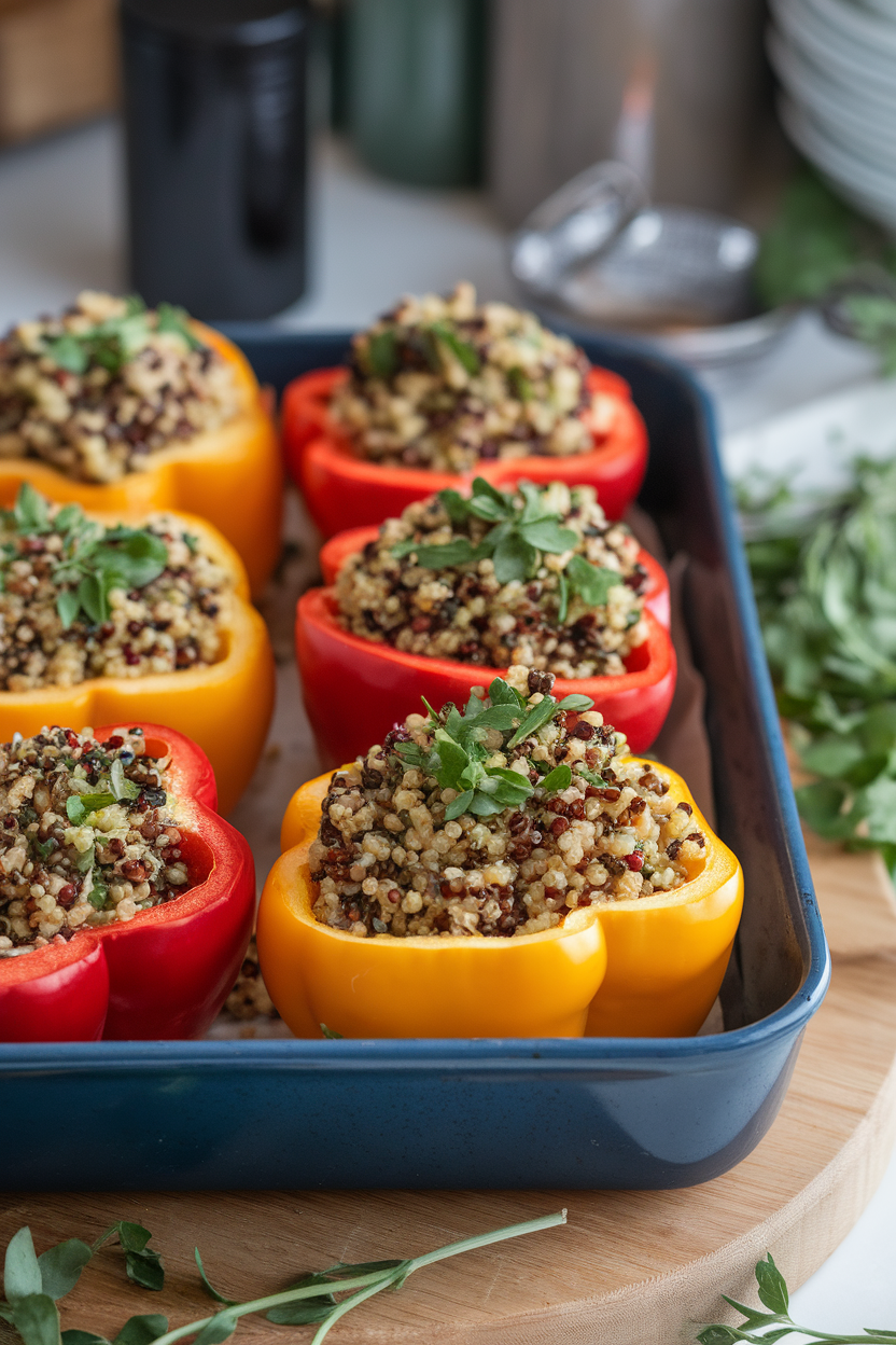 A baking dish indoors with halved bell peppers filled with quinoa tabbouleh, lightly browned at edges. No text or logos.