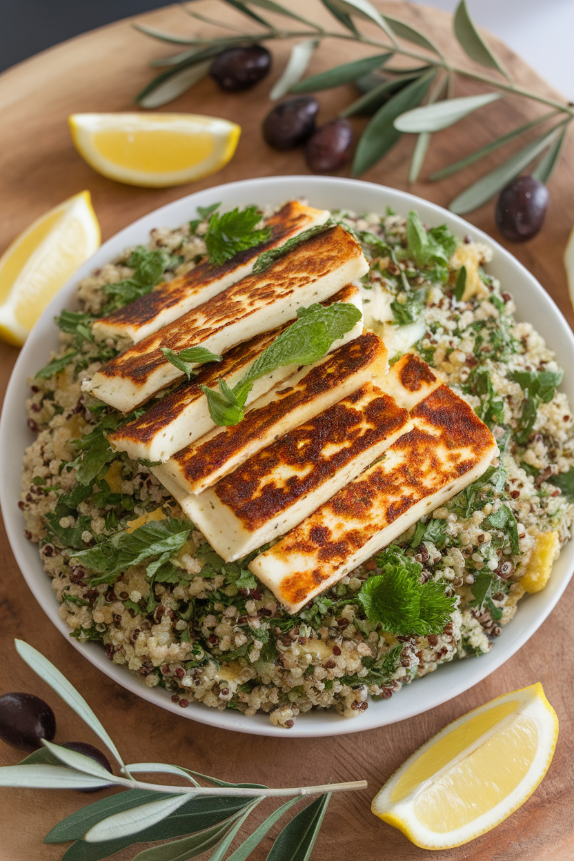 Indoor photo of a platter of quinoa tabbouleh topped with golden seared halloumi cheese strips. No text or logos.