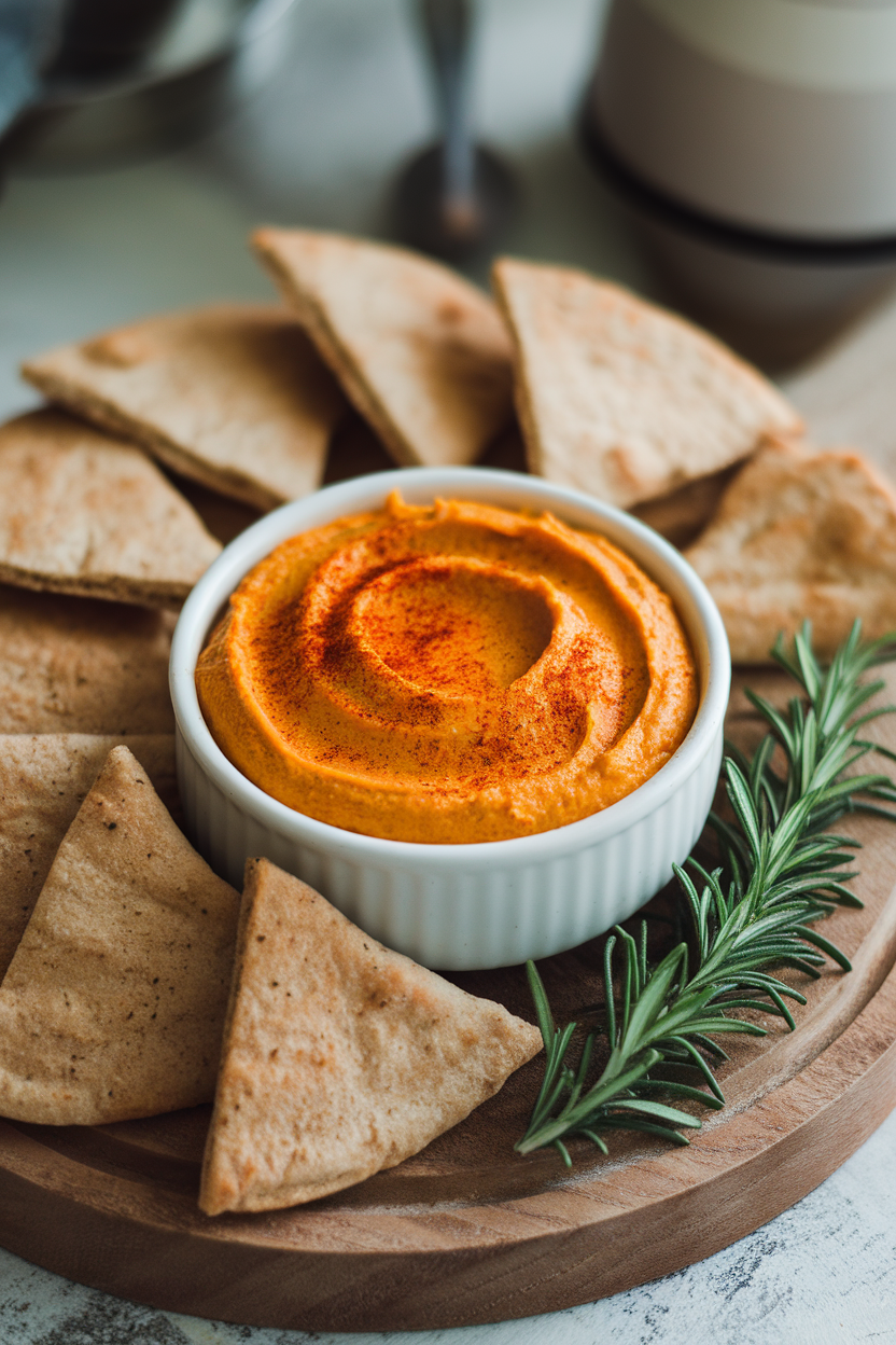 An indoor snack scene with a small bowl of orange pumpkin hummus sprinkled with paprika, surrounded by whole-grain pita triangles; soft light, no logos.