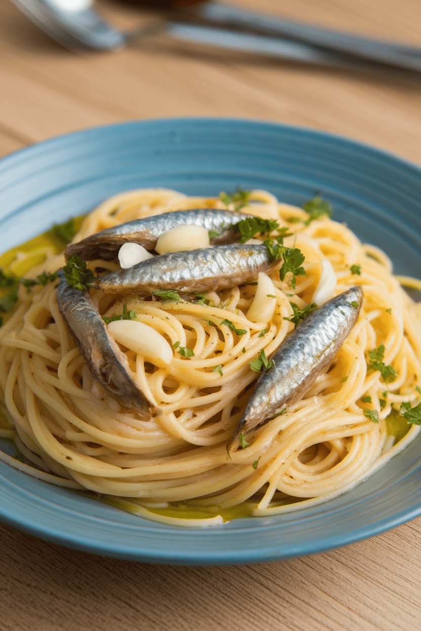 Indoor pasta plate of spaghetti tossed with olive oil, canned sardines, garlic slices, and parsley. No logos or text. Photo only.