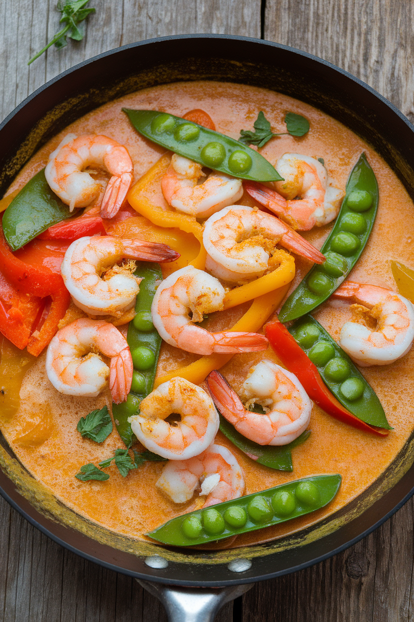 An indoor skillet scene with cooked shrimp, bell peppers, and snap peas simmering in a creamy coconut curry sauce. No text or logos; photo only.