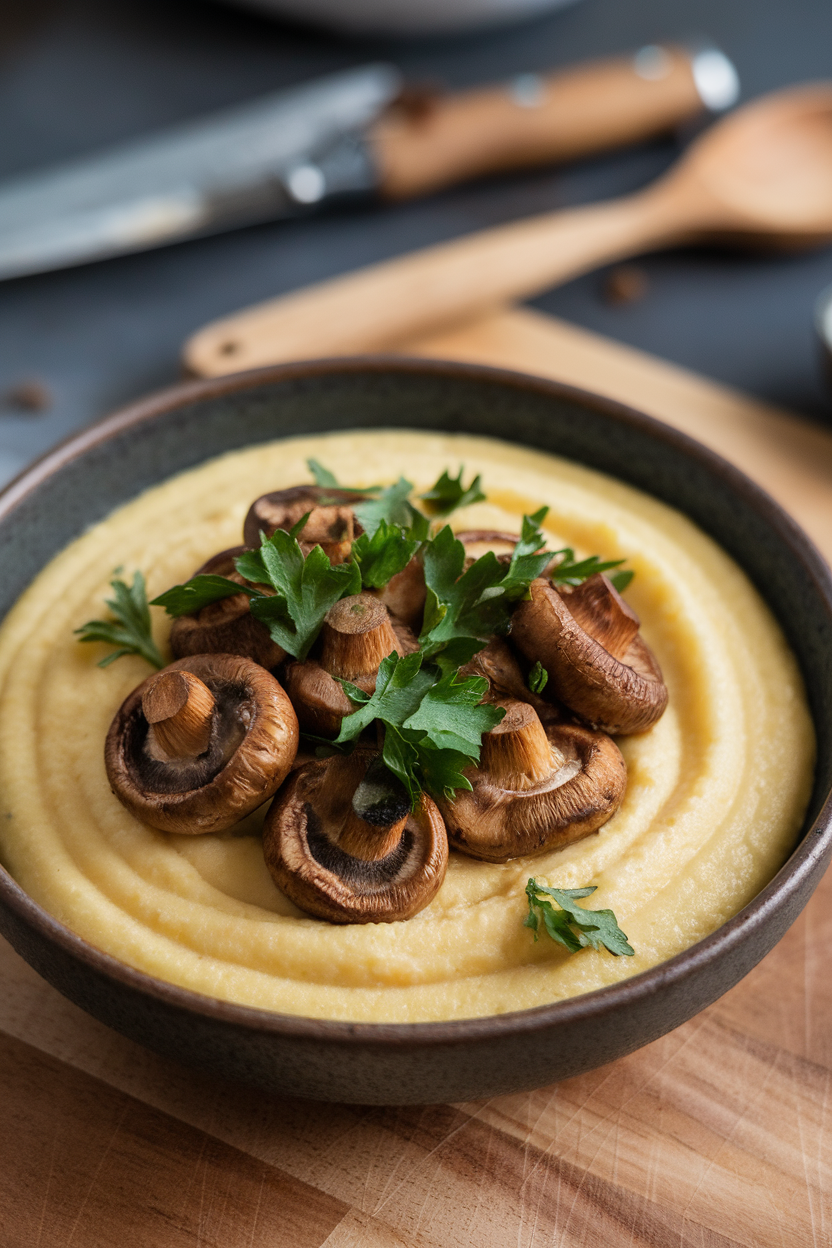 Indoor bowl of creamy polenta topped with roasted cremini mushrooms and fresh parsley. No text or logos.