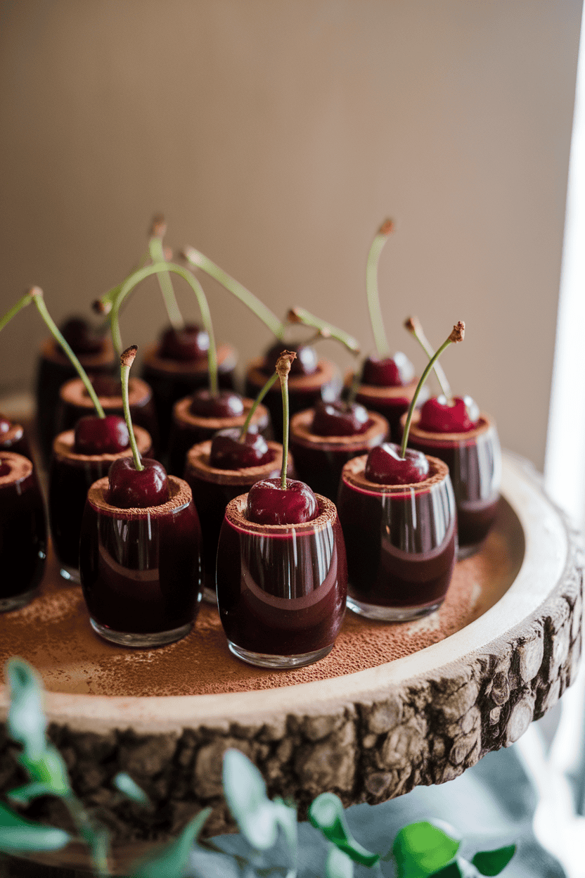 Indoor dessert station with dark chocolate jello shots each encasing a whole cherry, soft spot lighting, no text or logos