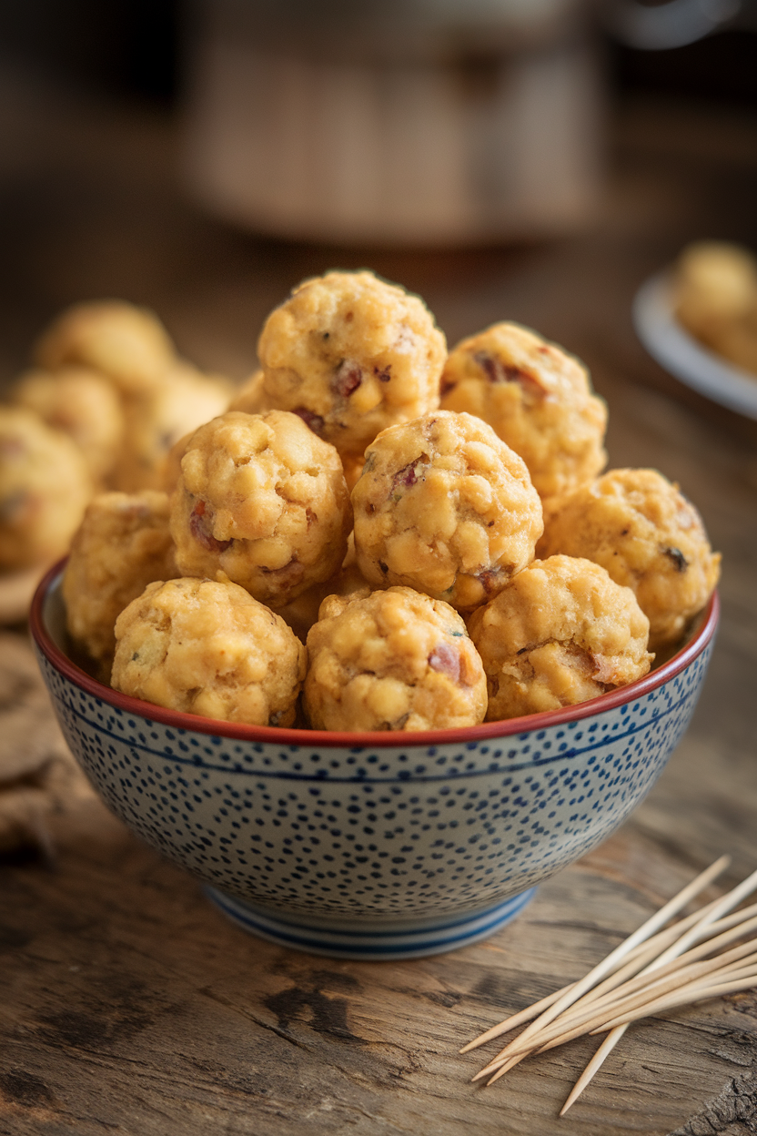 An indoor bowl piled with golden cornbread sausage balls, toothpicks provided, no text or logos. Photo.</Prompt